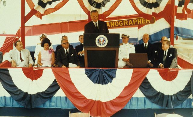 President Lyndon Baines Johnson speaking at the commissioning ceremony of the Coast and Geodetic Survey Ship OCEANOGRAPHER Picture