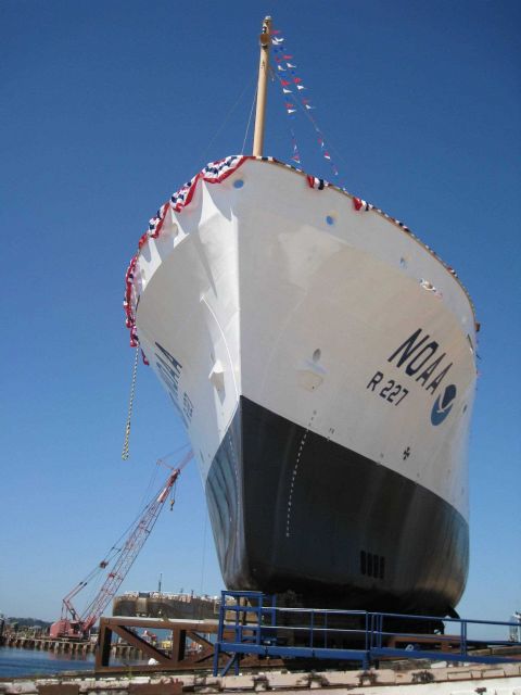 The bow of the NOAA Ship BELL SHIMADA just prior to launching. Picture