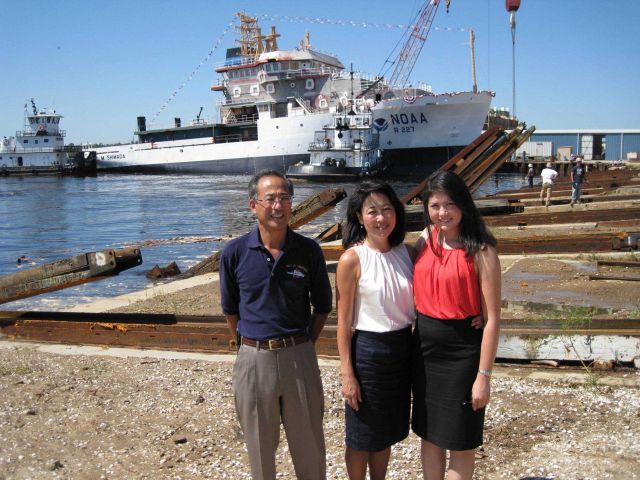 Allen Shimada, Mimi Shimada, and Allen's niece with the NOAA Ship BELL SHIMADA in the background Picture