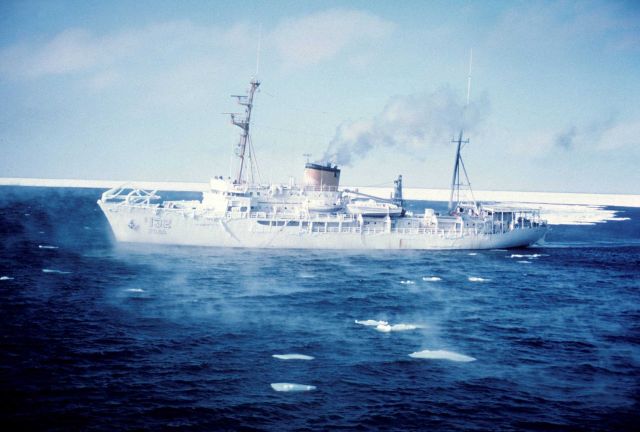 NOAA Ship SURVEYOR steaming along the edge of the pack ice. Picture