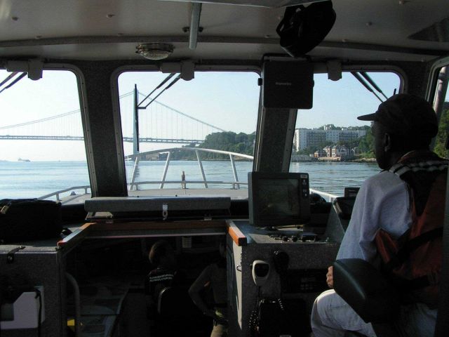 Survey launch off NOAA Ship THOMAS JEFFERSON underway approaching Verrazano Narrows Bridge. Picture