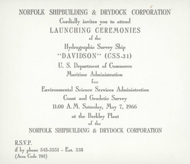 Invitation to launching ceremony of ESSA Ship DAVIDSON on May 7, 1966. Picture