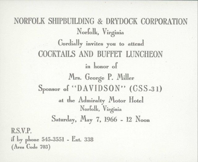 Invitation to pre-launch social activities following launch of ESSA Ship DAVIDSON on May 7, 1966. Picture