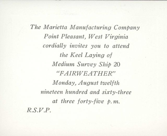 Invitation to keel laying of Coast and Geodetic Survey Ship FAIRWEATHER on August 12, 1963. Picture