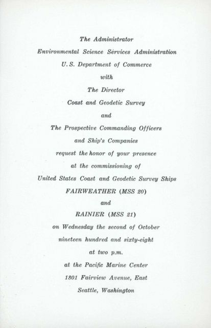 Invitation to joint commissioning ceremony of ESSA Ships FAIRWEATHER and RAINIER on October 2, 1968. Picture