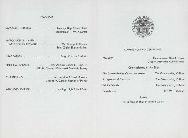 Commissioning ceremony and program for commissioning of USC&GS Ship FERREL. Picture