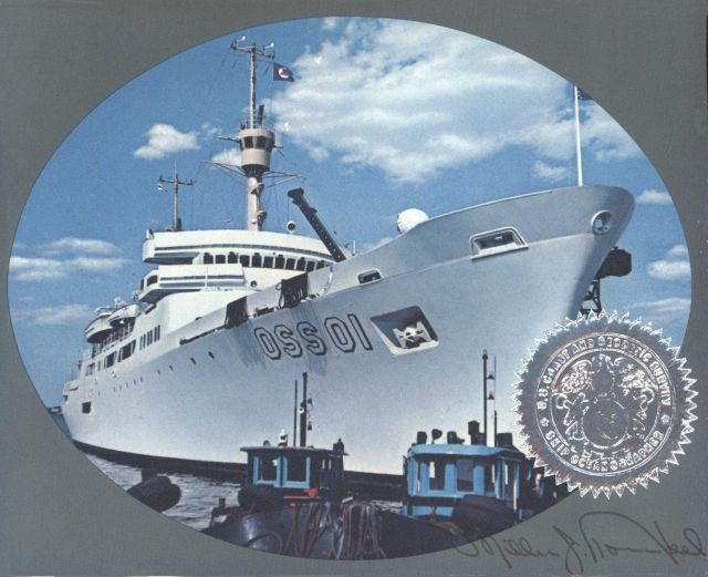 Ceremonial image of USC&GS Ship OCEANOGRAPHER with silver seal of Coast and Geodetic Survey and signed by Captain Miller J Picture