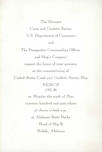 Invitation to commissioning ceremony of Coast and Geodetic Survey Ship PEIRCE on May 6, 1963. Picture