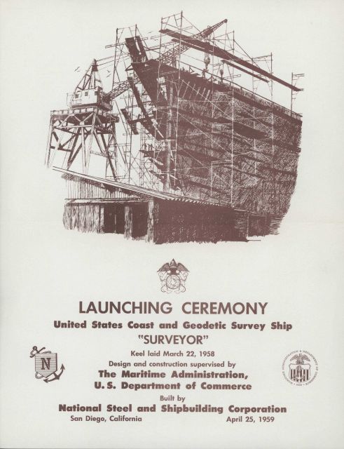 Notice of launching ceremony for Coast and Geodetic Survey Ship SURVEYOR on April 25, 1959. Picture
