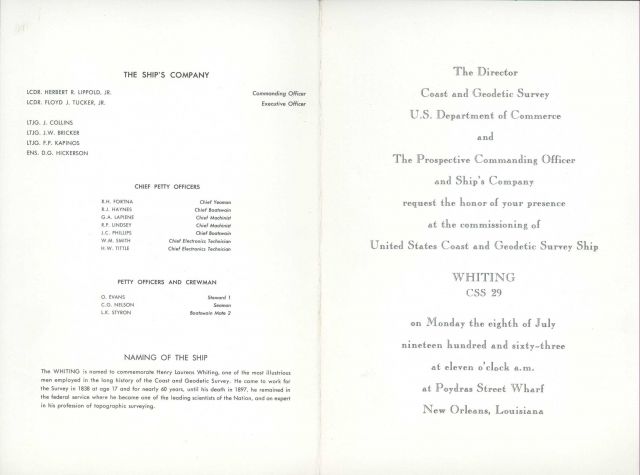 Invitation to commissioning ceremony of USC&GS Ship WHITING on July 8, 1963. Picture
