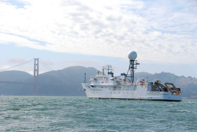 NOAA Ship OKEANOS EXPLORER approaching the Golden Gate Bridge while departing San Francisco. Picture