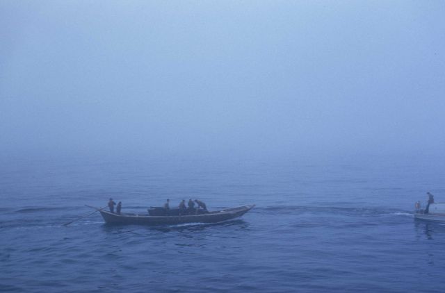 Launch from USC&GS Ship PATHFINDER towing native umiak, a skin-covered boat larger than the one or two man kayaks. Picture