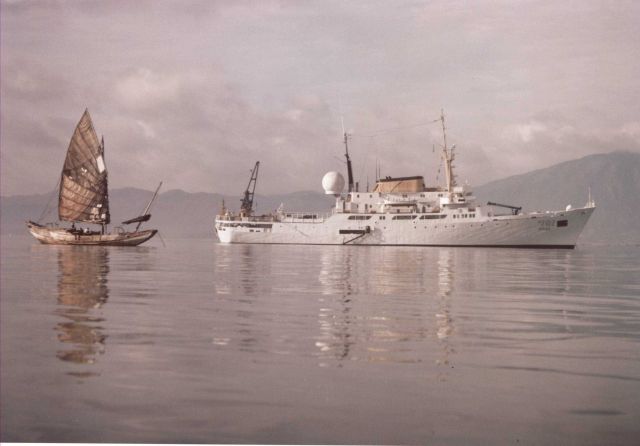 NOAA Ship OCEANOGRAPHER, flagship of NOAA's fleet at the time, in waters of Peoples Republic of China, the first U.S Picture