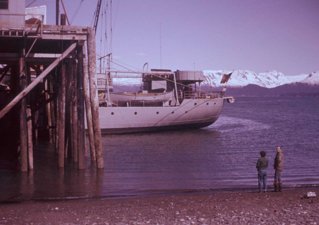 Stern of Coast and Geodetic Survey Ship PATHFINDER tied up in Cook Inlet. Picture