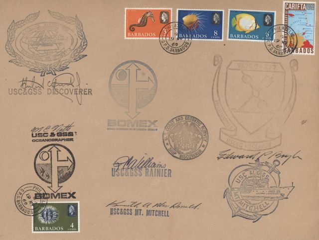 1969 envelope stamped from Barbados with all ships engaged in BOMEX experiment having franked envelope and having commanding officers sign envelope Picture