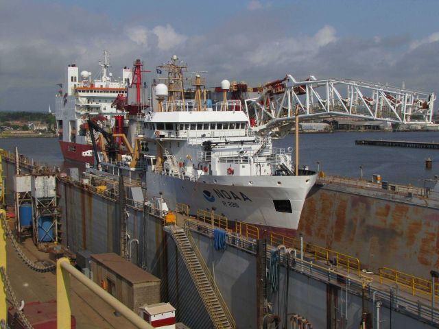 NOAA Ship PISCES in drydock with water pumped out Picture