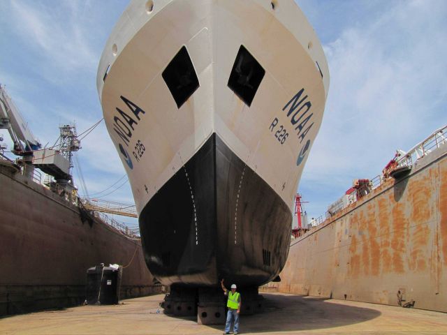 NOAA Ship PISCES in drydock looking bow on. Picture