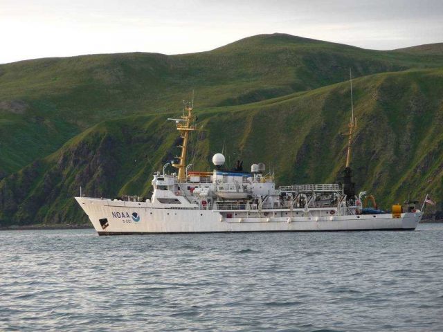 NOAA Ship RAINIER as seen from launch in the Pavlof Islands. Picture