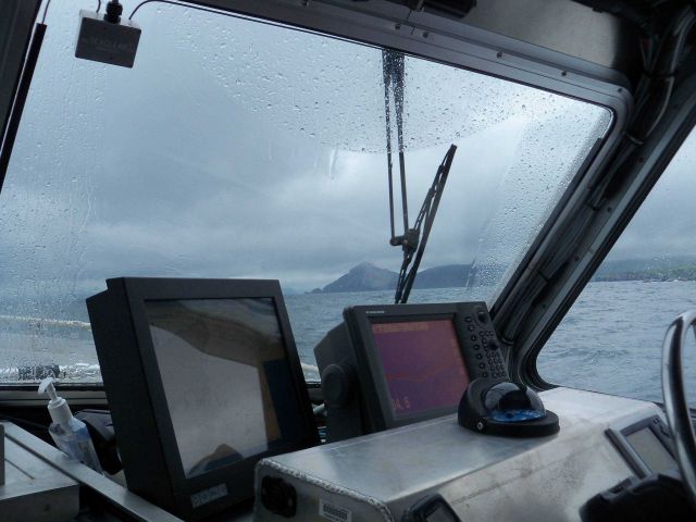 A combination of spray and rain partially obstructing vision while working in the Pavlof Islands. Picture