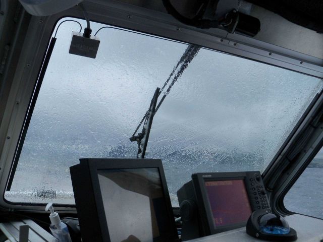 A combination of spray and rain partially obstructing vision while working in the Pavlof Islands. Picture