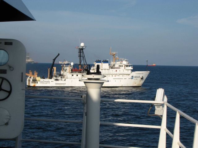 A view looking to the starboard side of the NOAA Ship GORDON GUNTER while conducting operations at the Deepwater Horizon disaster site. Picture