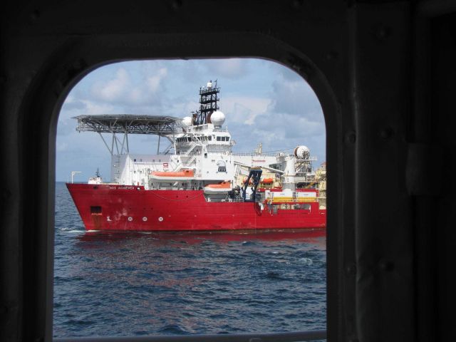 A view of the proximity of oil field work vessels from the bridge of the NOAA Ship PISCES during operations at the Deepwater Horizon oil spill site. Picture