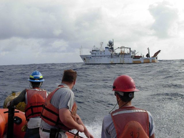 NOAA Ship KA'IMIMOANA (R333) seen from ship's boat during buoy operations. Picture