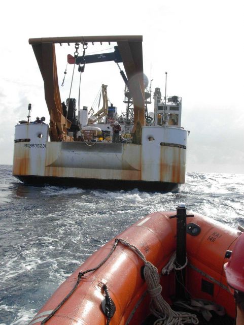NOAA Ship KA'IMIMOANA (R333) seen from ship's boat during buoy operations. Picture