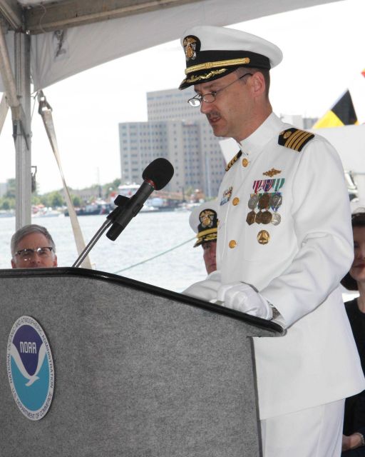 Captain Gerd Glang, Director of the Office of Coast Survey, speaks at the commissioning ceremony of the NOAA Ship FERDINAND R Picture
