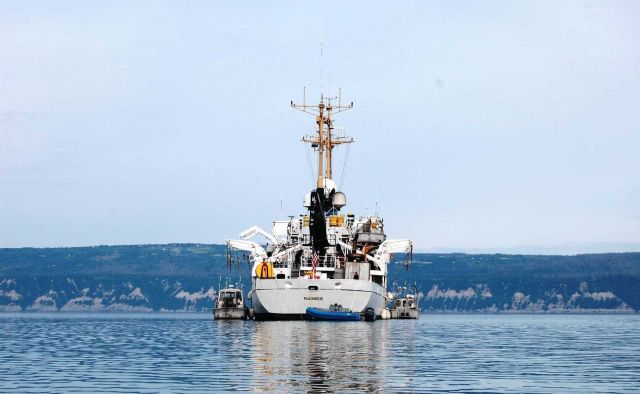 Stern view of NOAA Ship RAINIER with survey launches alongside Picture