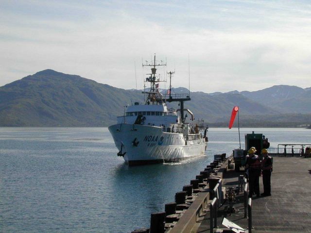 NOAA Ship MILLER FREEMAN approaching pier for port side to mooring. Picture