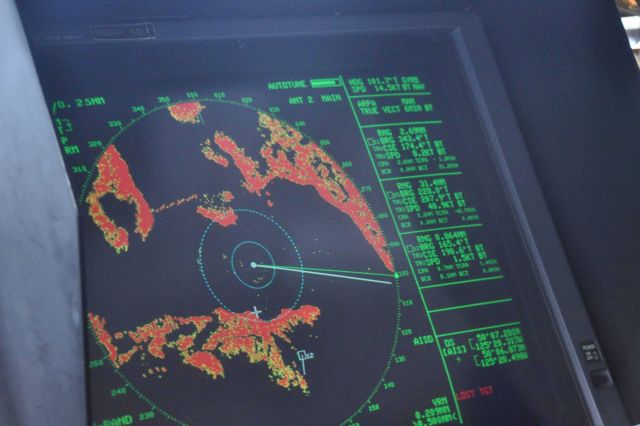 Radar display of southern reaches of Johnstone Strait, just a little north of Campbell River and headed towards Seattle. Picture