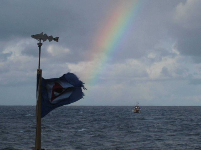 A somewhat wind-torn and tattered NOAA flag, rainbow, and small stern trawler. Picture
