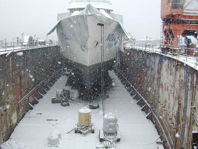 NOAA Ship MILLER FREEMAN in drydock on a snowy winter day. Picture