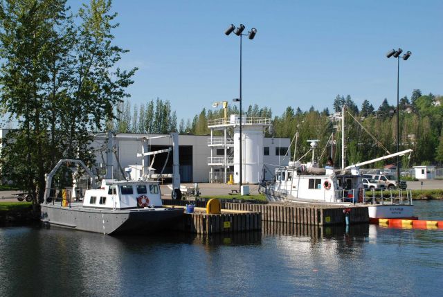 R/V KARLUK to right and small NOAA workboat at Sand Point facility. Picture