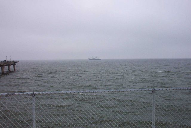 STATE OF MAINE, Maine Maritime Academy Training Vessel, passing over the Chesapeake Bay Bridge/Tunnel. Picture