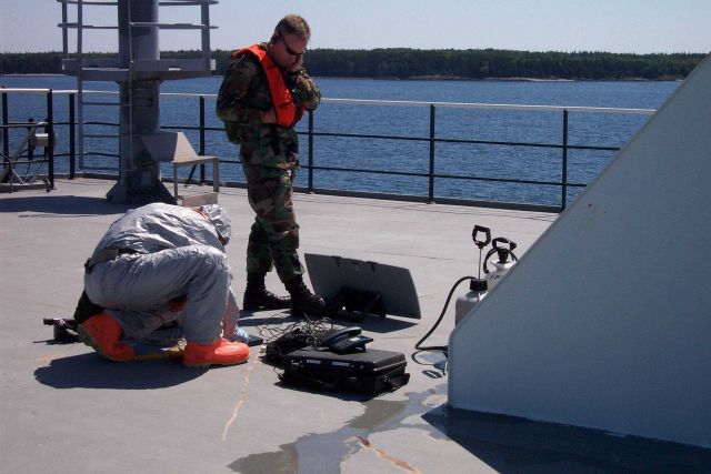 Helicopter drills in cooperation with the United States Coast Guard off the Maine Maritime Academy Training Vessel STATE OF MAINE. Picture
