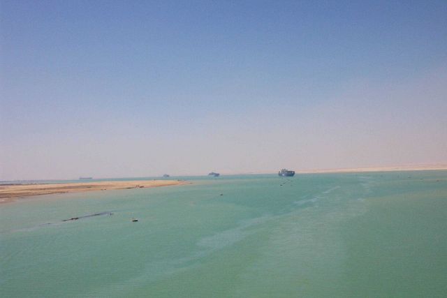 Suez Canal as seen from the bridge of the SEALAND COMMITMENT. Picture