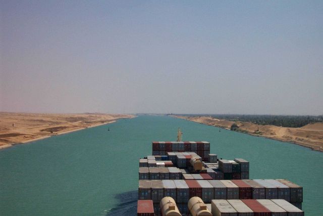Suez Canal as seen from the bridge of the SEALAND COMMITMENT. Picture