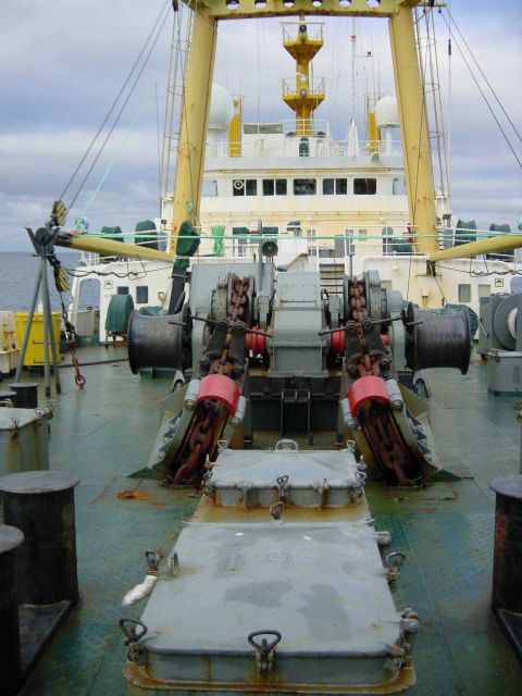 Russian charter research vessel YUZHMORGEOLOGIYA looking aft from the bow. Picture