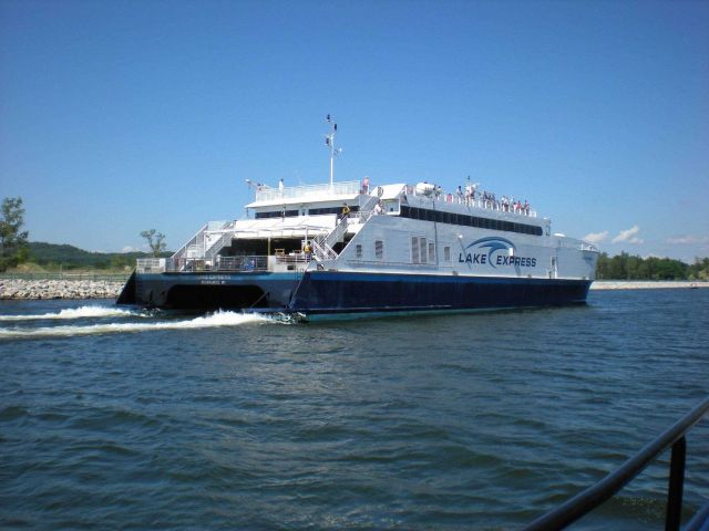 Catamaran ferry LAKE EXPRESS entering Muskegon. Picture