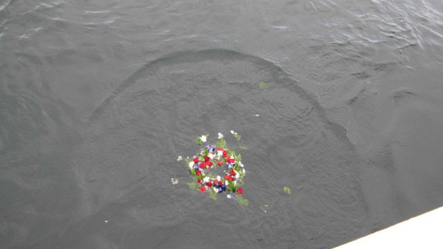 A wreath laid at a ceremony held on the NOAA Ship PISCES for the victims of the Deepwater Horizon disaster. Picture