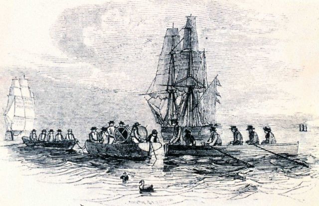 Sounding technique used by Sir James Clark Ross in obtaining first modern deep sea sounding on January 3, 1840 at Latitude 27 26 S and Longitude 17 29 Picture