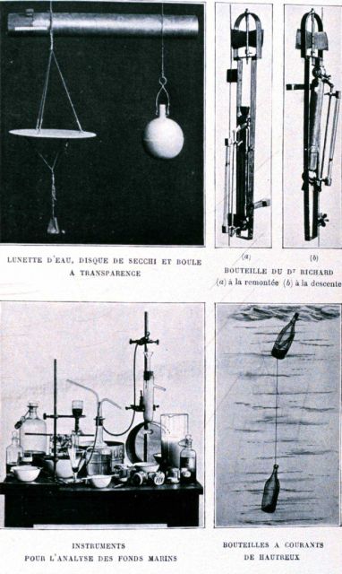 A secchi disk for observing ocean visibility; water sampling bottles; the water chemistry laboratory equipment; and bottles for studying subsurface cu Picture