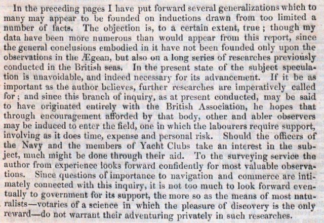 End page of Edward Forbes' paper in which he challenges the scientific community to seek new knowledge of the sea and lays the groundwork for governme Picture