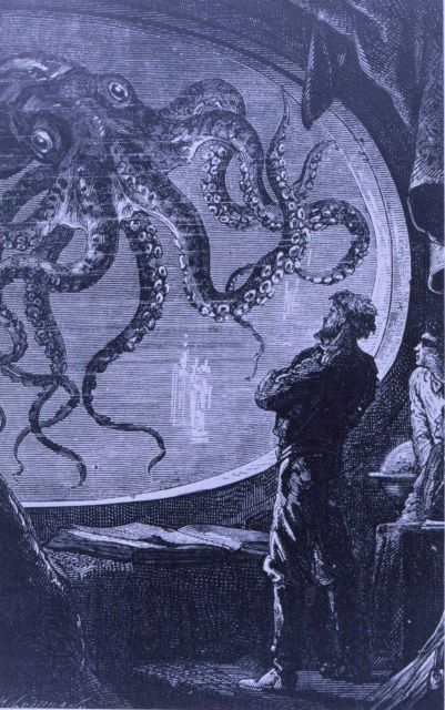 Captain Nemo observing a giant octopus from the viewing port of the submarine Nautilus Picture