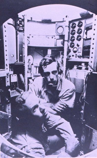 Lieutenant Don Walsh, USN, and Jacques Piccard in the bathyscaphe TRIESTE. Picture