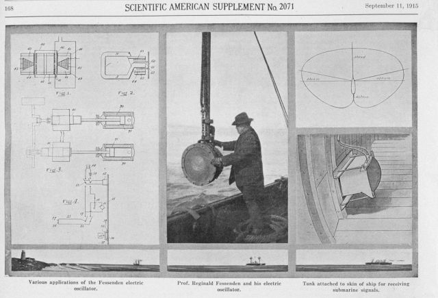 Reginald Fessenden and his electric oscillator, the first acoustic device to receive echoes from the bottom as well as from an obstruction in the wate Picture