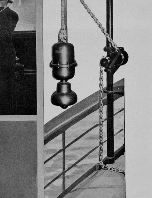 Submarine signal apparatus installed on a lightship and ready to be lowered to 25 feet below the surface Picture