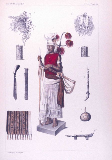 The complete outfitting of a Timor warrior from the island of Timor between the Timor and Savu Seas north of Australia. Picture